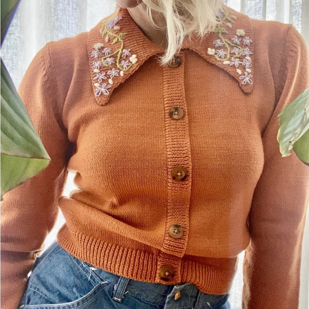 TACH Orange Cardigan with Embroidered Floral Collar